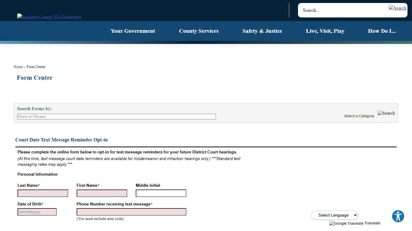 Form Center • Court Date Text Message Reminder Opt-in